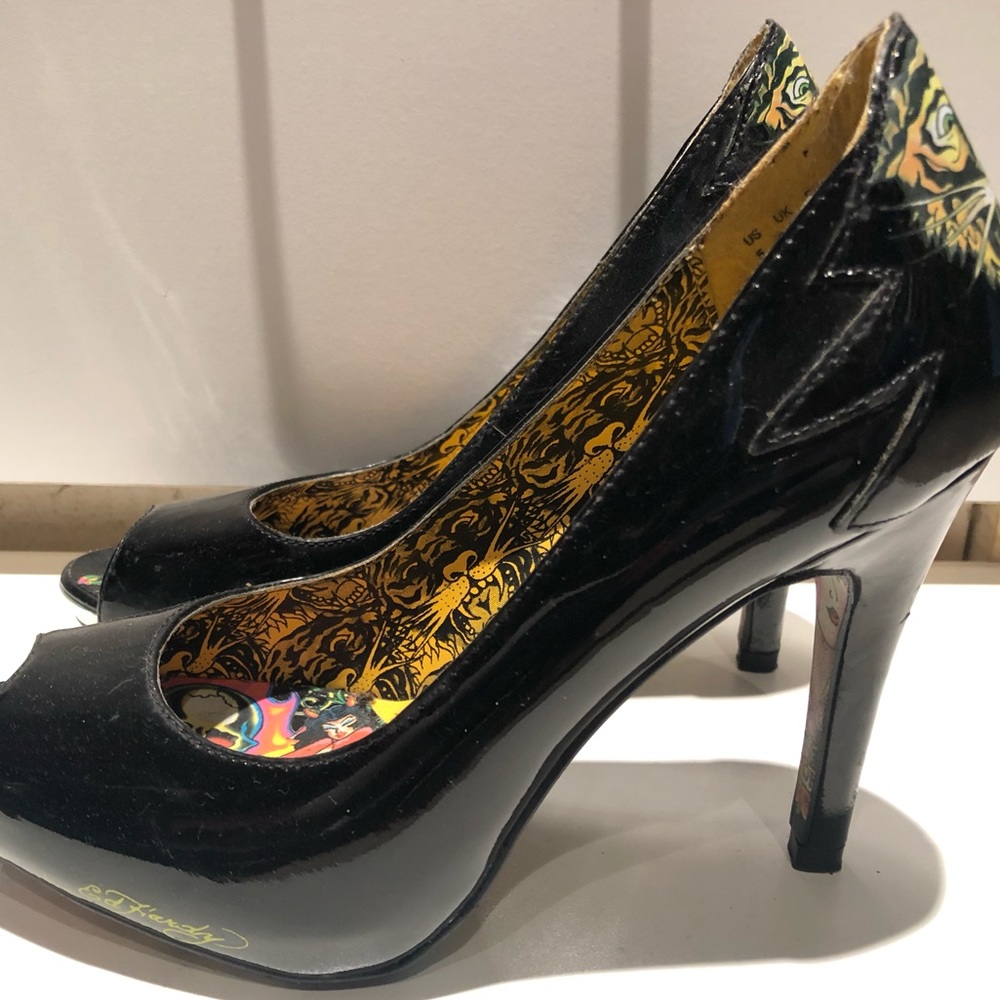 Ed Hardy open toe black heels - size 5